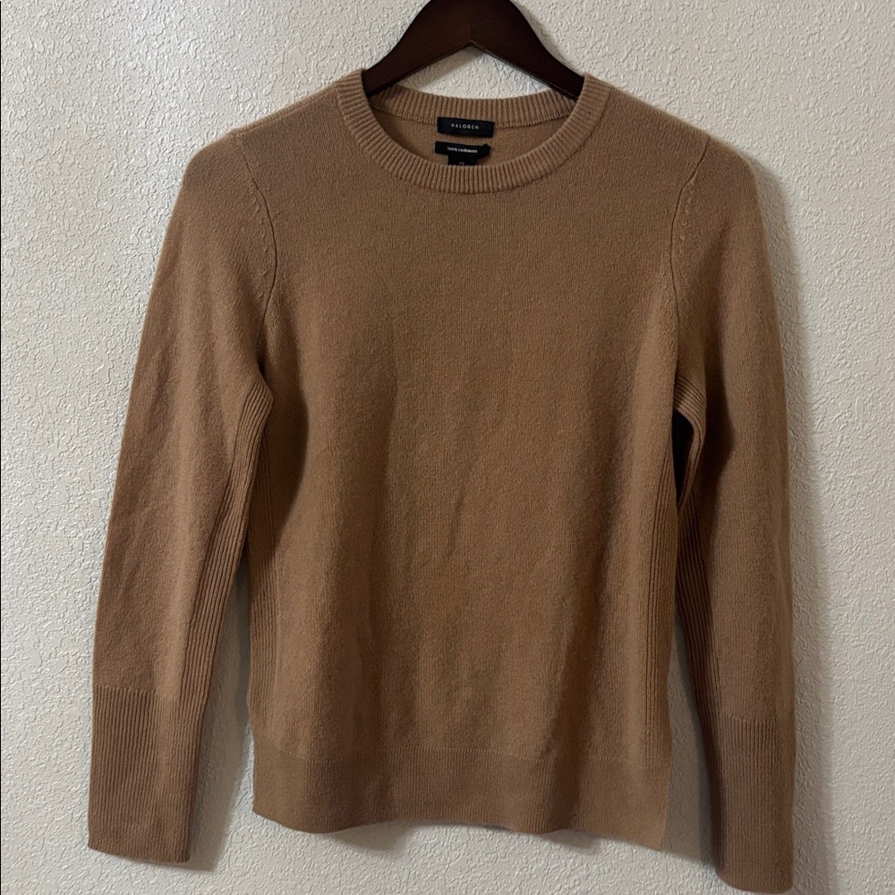 Halogen 100% Cashmere Sweater XSmall Camel Tan Crewneck Pullover Soft Knit